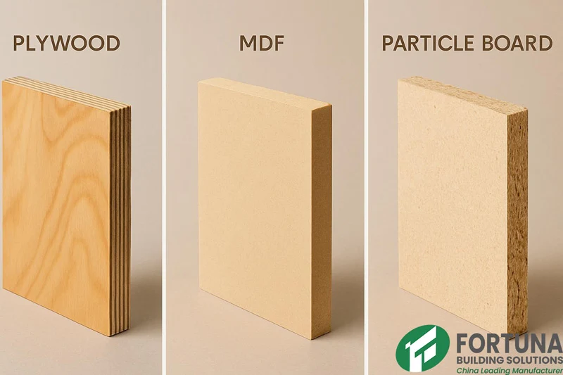 Side-by-side comparison of plywood, MDF and particle board showing their different core structures