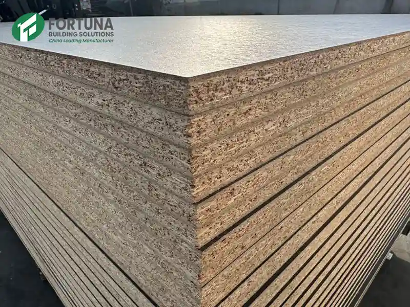 Close-up edge view of plain chipboard showing uniform particle board density, manufactured by Fortuna.