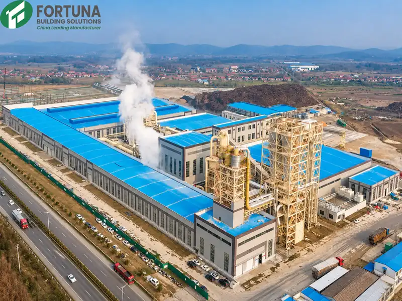 Aerial view of Fortuna MDF factory showing large production buildings and industrial facilities
